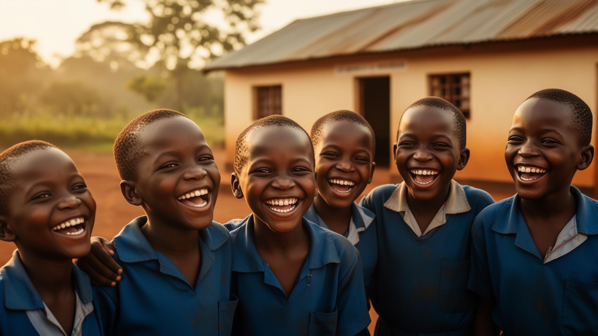 Rwandese kinderen lachen samen voor hun school